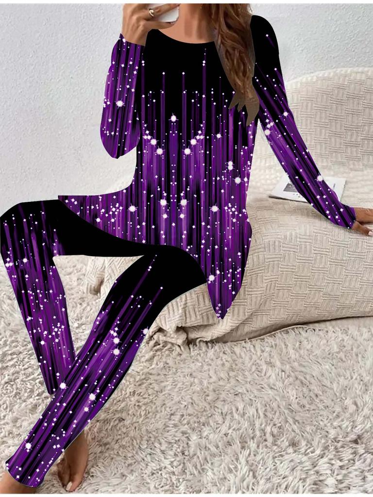 Euro-amerikanische Mode 3D Abstrakt bedrucktes Damen Vier-Jahreszeiten Langarm T-Shirt + Lange Hose Zweiteiliges Set. Perfektes Geschenk für Neujahr & Weihnachten