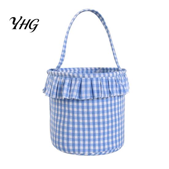 Easter Egg Hunt Carriers Halloween Basket, Plaid Ruffle Trick or Treat Candy Bucket with Handle Festive Party Favor Holders for Kids, Reusable Gingham