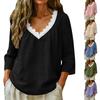 Damen Frühlings Oberteile V-Ausschnitt Spitze Besatz Bluse Sommerhemden für Damen Lockerer Schnitt 3/4 Ärmel Damen Sommerhemden Lässiger Stil