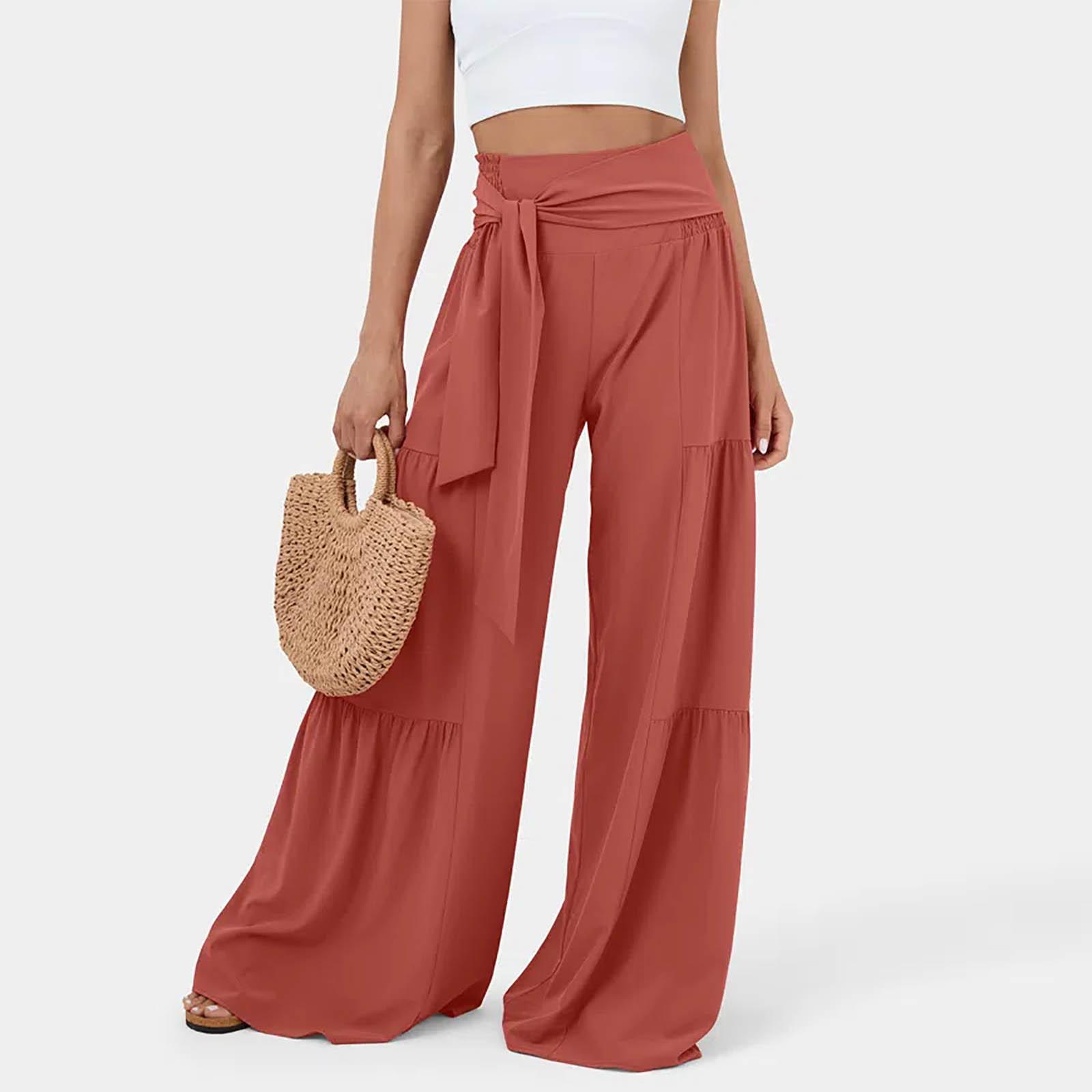 

Ремень с высокой талией и завязками, широкие быстросохнущие повседневные брюки, широкие брюки для йоги, летние повседневные широкие брюки с боковыми разрезами M киноварь