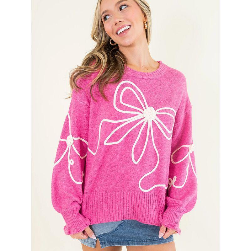 European and American Bow Design Long sleeve Pullover Sweater Women 2025 Spring and Autumn New Warm All-Match round Neck Knitted Top