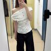 American Sweet and Spicy Star Polka Dot Slanted Shoulder Short-sleeved T-shirt Women's Summer Waist and Thin Short Dopamine Off-the-shoulder Top