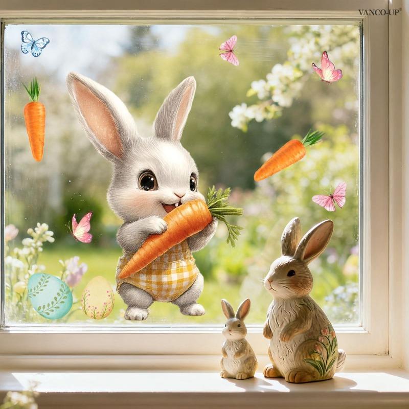 New Easter Flower Rabbit Sticker Self-Adhesive Waterproof Wall Stickers PVC Removable Wall Decal Window Decoration