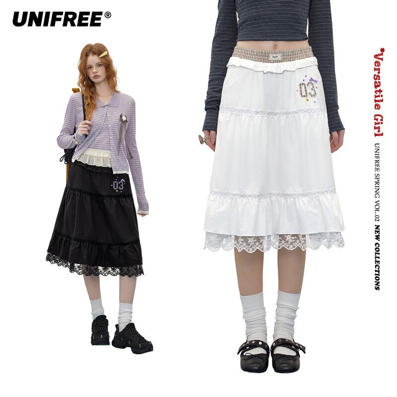 

UNIFREE 2026 Spring Korean Style Lace Patchwork Plaid Faux Two-Piece Skirt L