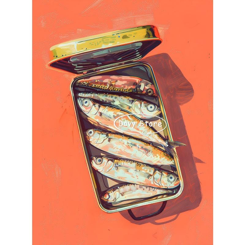 

Retro Kitchen Food Sardines Fish Poster Print Canvas Painting Sardines Tin Trendy Seafood Wall Art Picture for Dining Room Decor 21cm×30cm NoFrame