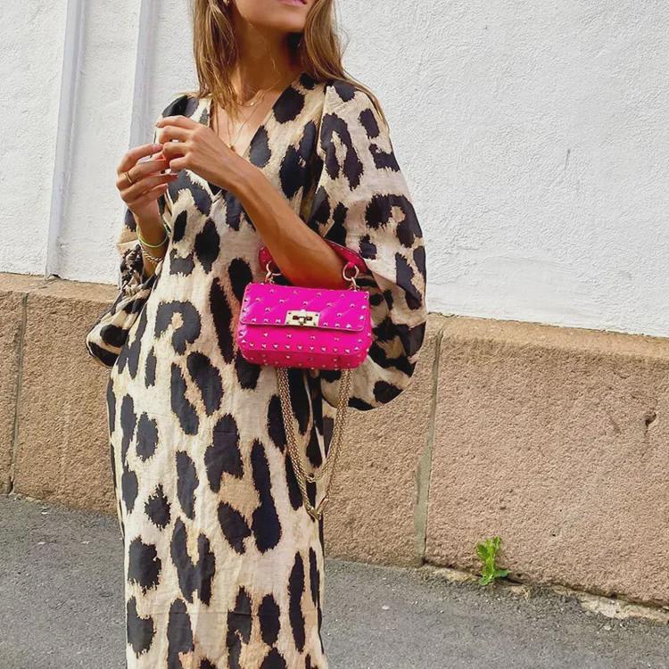 Autumn/Winter Leopard Print V-Neck Lantern Sleeve Maxi Dress