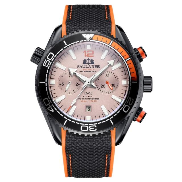 PAULAREIS Masculino Automático Auto Vento Mecânico Pulseira de Borracha de Lona Laranja Azul Vermelho Multifuncional Data Mês Relógio