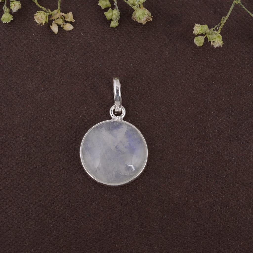 Round Cabochon Moonstone Pendant Solid 925 Sterling Silver Gemstone Pendant without Chain Jewelry For Women or Girls - 2.32 Gms