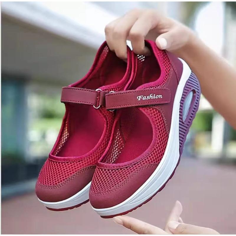 Spring and Autumn Large Size New Mesh Hollow Slope Heel Velcro Casual Rocking Shoes Casual Single Shoes Women
