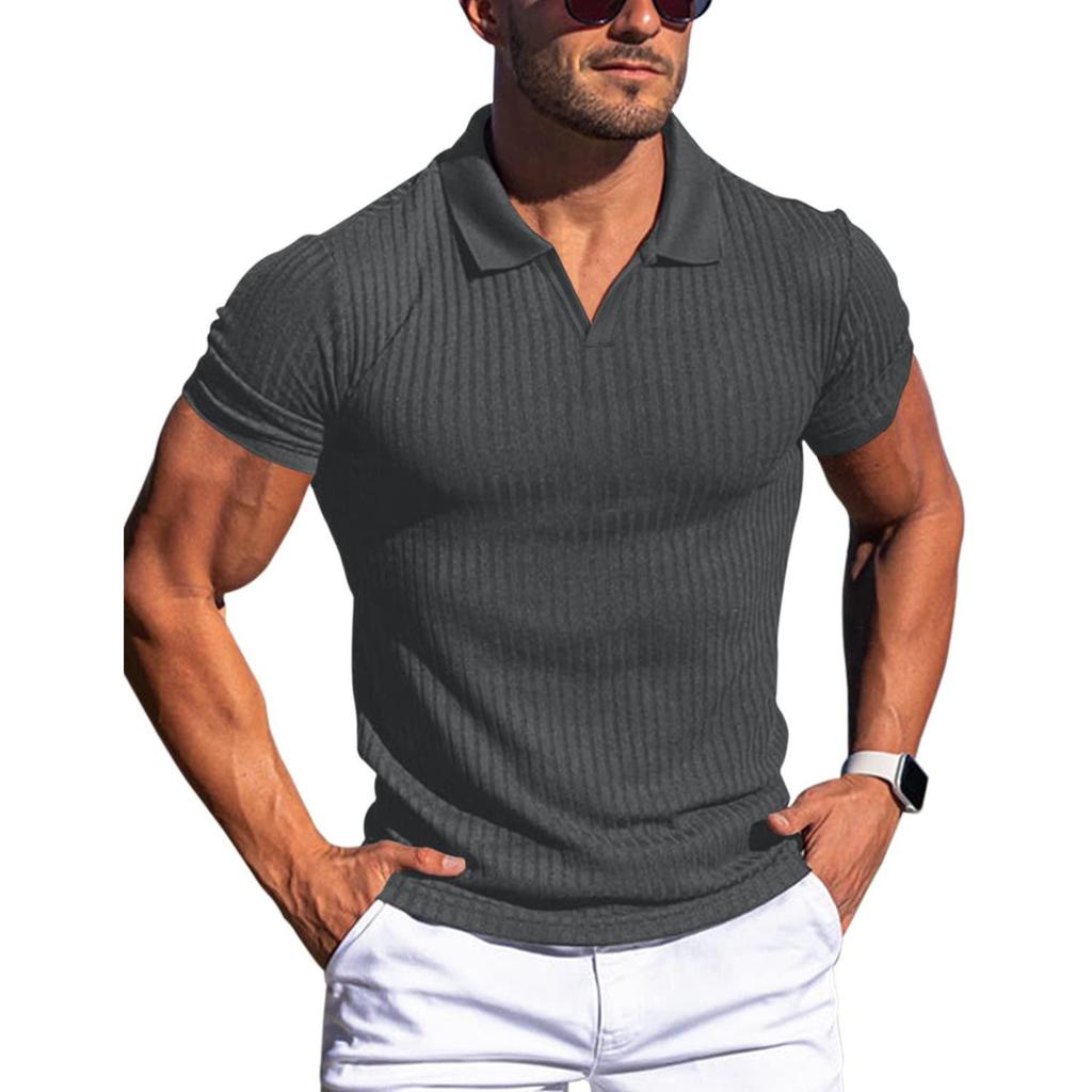 European & American Summer POLO Shirt - Men's V-neck, Lapel, Vertical Stripe, Short Sleeve T-shirt