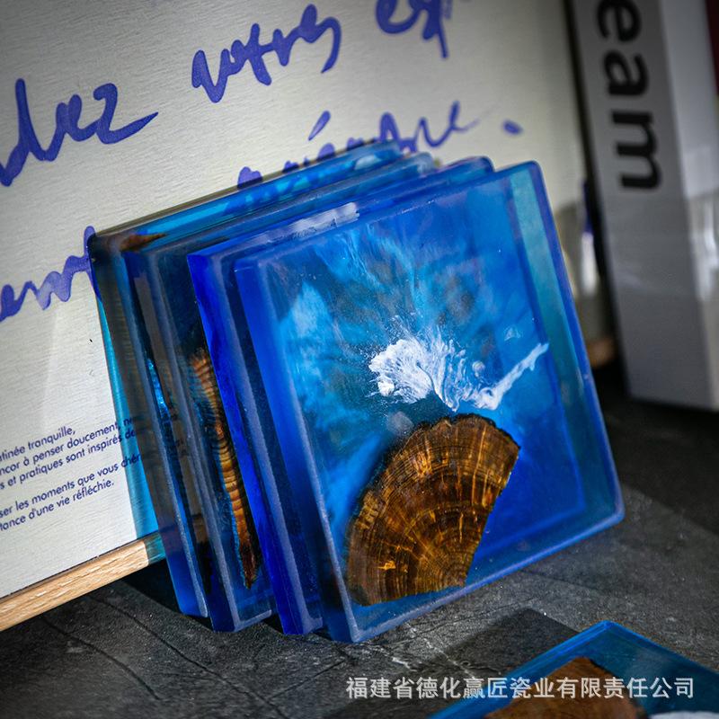 6PCS North Pine Epoxy Resin River Coaster Blue Insulation Mat Pot Bearing Solid Wood Zen Wave Coaster Mat