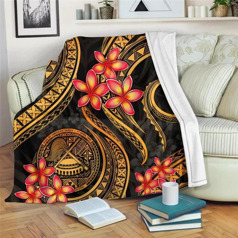 Hawaiian Polynesian Plumeria Pattern Flannel Throw Blanket Soft Lightweight Warm Decoration Soft Bed Home Sofa Kids Adults Gifts