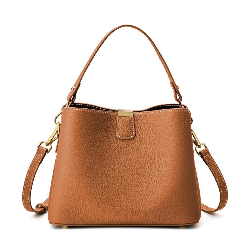 Top-grain Leather Bag, Large-capacity Bucket Bag, Simple and Versatile Leather Single-shoulder Crossbody Handbag