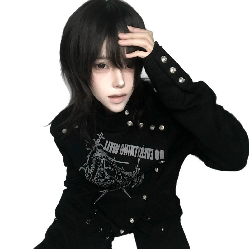 Punk Subculture Black Oversized Jacket Teens Short Buttoned Streetwear Visual Kei Top Winter