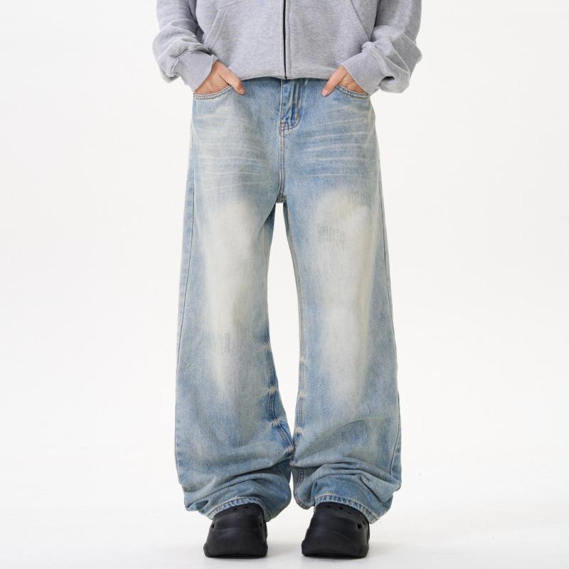 

Американская высокая улица Цветочная стирка Джинсы Мужские и женские одинаковые Свободные драпированные брюки широкие от бедра XL