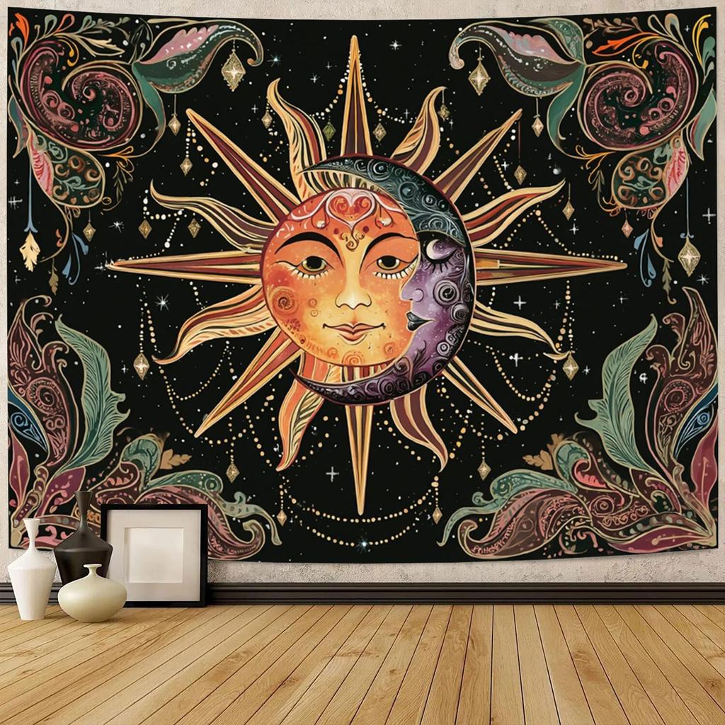 Sun And Moon Tapestry Vintage Bohemian Wall Hanging Day And Night Radiance Mystical Dreamy Scene Tapestry Wall Hanging Bedroom Living Room Dorm Home D