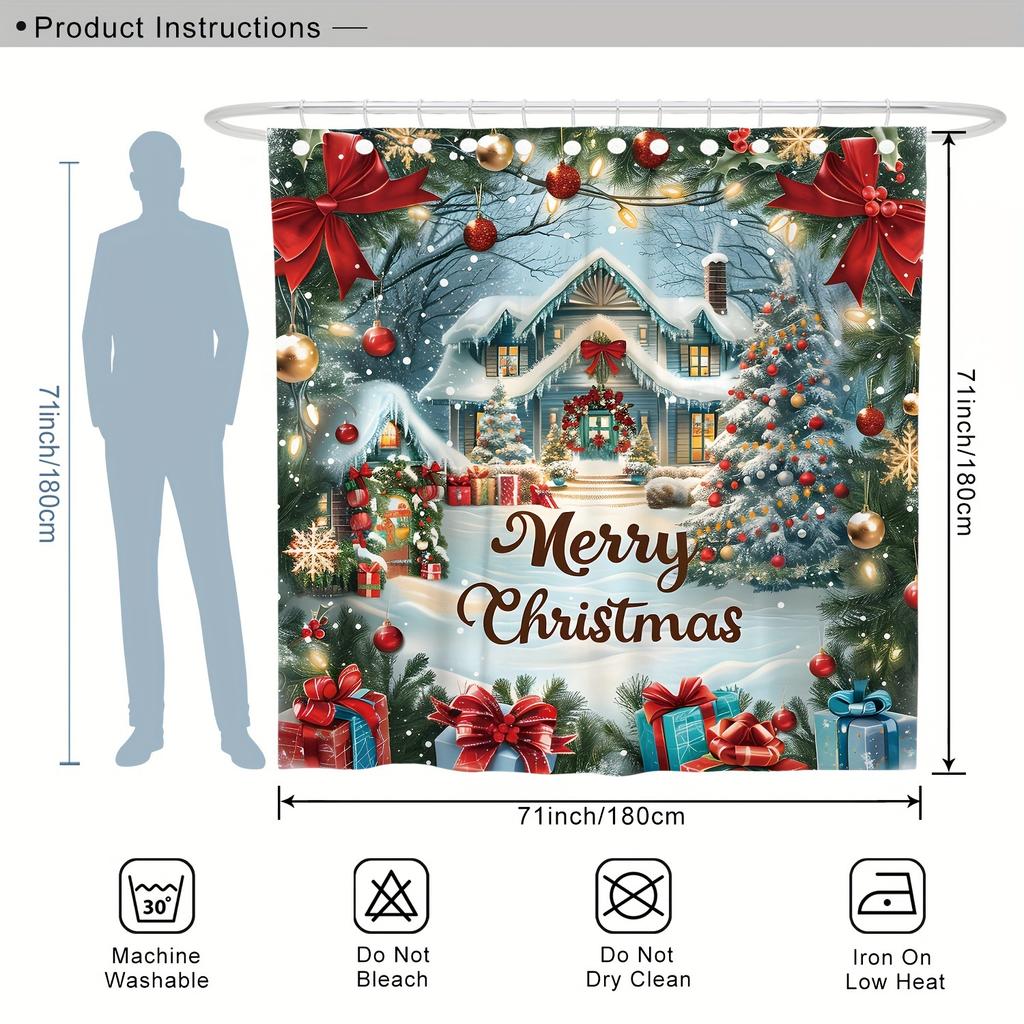 Classic Christmas Bathroom Set With Shower Curtain, Toilet Lid Cover & Mats | Merry Christmas Snowy House & Tree Holiday Decor