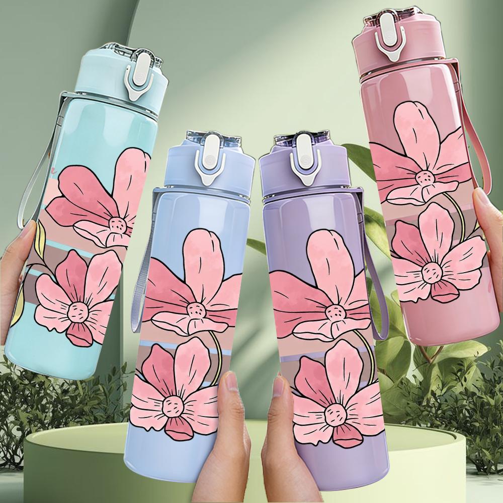 1PC Retro Striped Pink Magnolia 750ml Color Plastic Sports Water Bottle Leakproof Flip Straw Lid Suitable for Sports Office Home Use