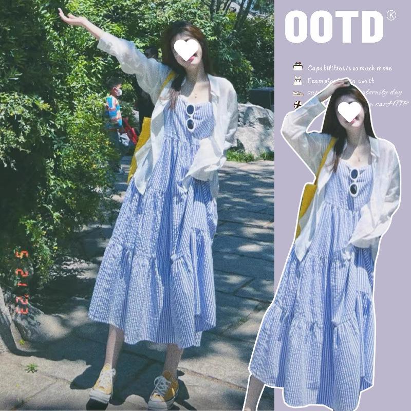 Striped Mid-Length Maternity Dress & Loose Sun Protection Shirt Set for Spring/Summer 2XL