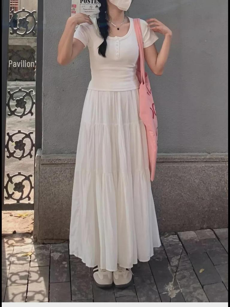 2024 Women's White A-Line Skirt: Spring/Summer High-End Spliced Design