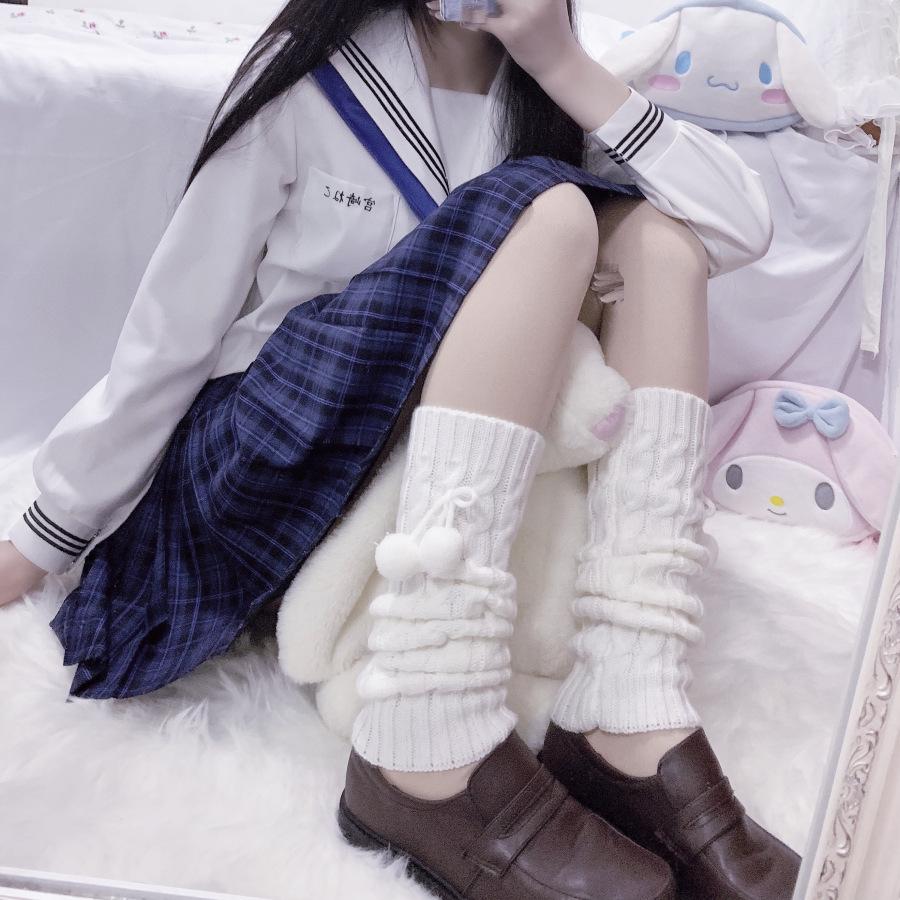 Japanese Lolita Bow Cute Hairball Knitted Socks Cover Women's Winter Leg Warmers Stacking Socks White Jk Socks
