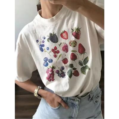 Summer Women's Aesthetic Fruit Berry T-shirt Fashion Cotton Tee Fruit Lover Blueberry Shirt with Cute Strawberry Cute Berry Top