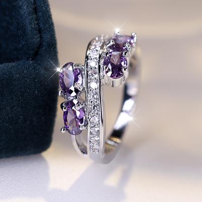 Women's Unique Silver Ring with Purple Cubic Zirconia and Sparkling Multiple Stones