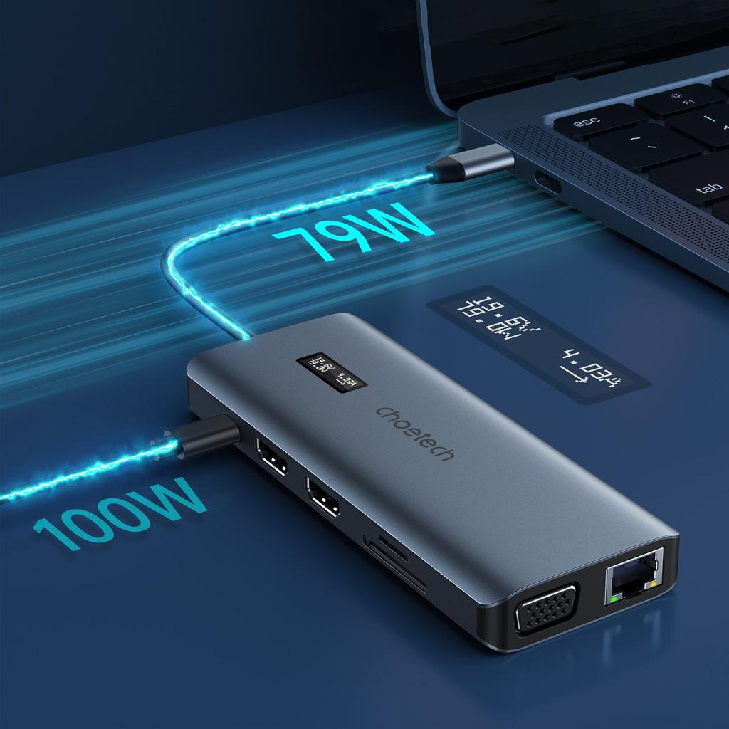 Choetech 12-in-1 USB-C Multiport Hub with Display - 1x USB-C, 4x USB-A, 2x HDMI, VGA, AUX, Memory Card Reader, Gray (HUB-M26)