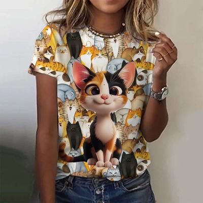 Camiseta feminina para meninas com estampa de gato fofo 3D, tops de verão, manga curta, moda casual, roupas femininas, camisetas grandes