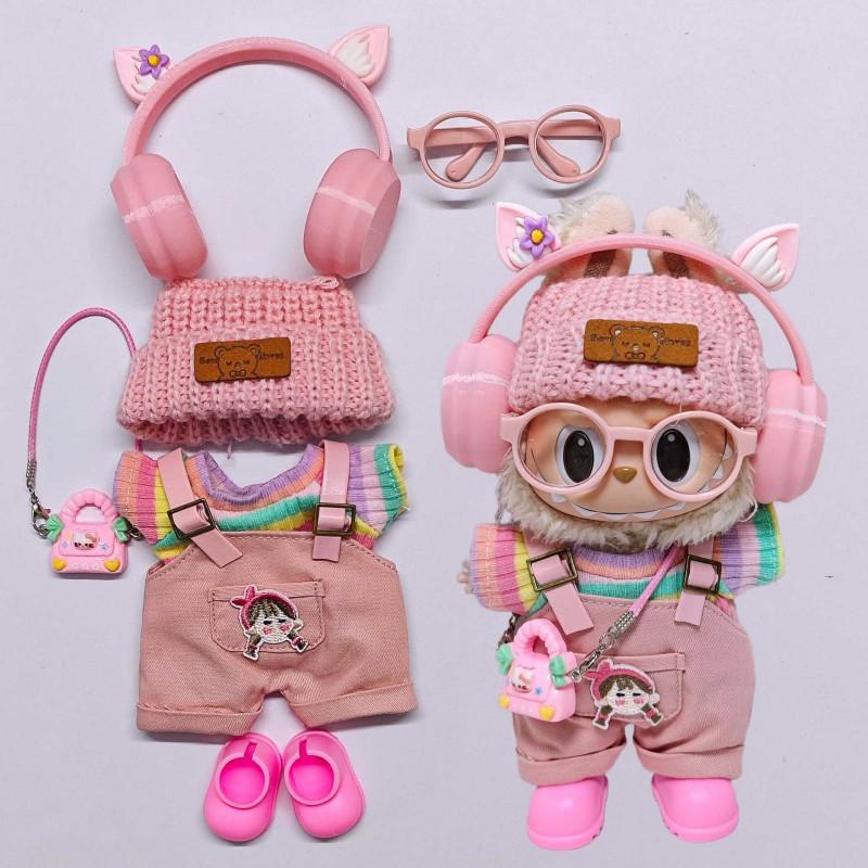 15cm 17cm Labubu Doll Outfit Set Pink Overalls With Ears Accessories 7pcs Fashion Clothing Collectible Dolls