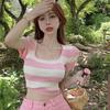 Rainbow Striped Knitted Short-sleeved Women's Pure Sexy Ice Silk Square Collar Design Top