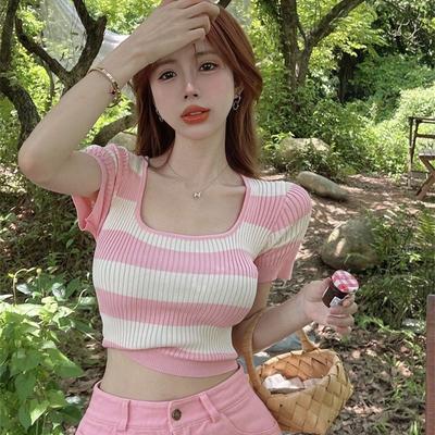 Rainbow Striped Knitted Short-sleeved Women's Pure Sexy Ice Silk Square Collar Design Top