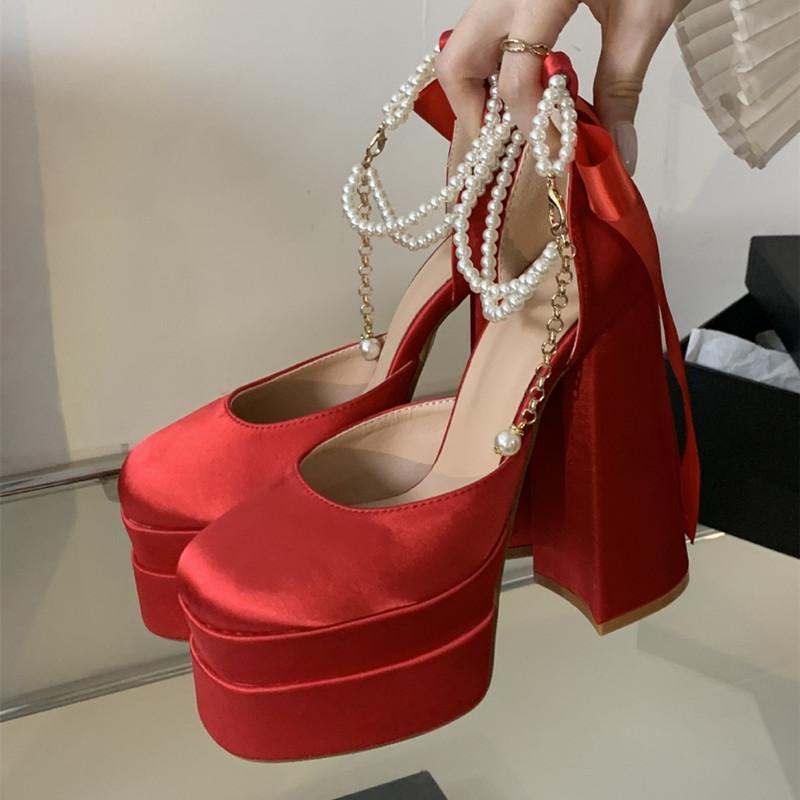 

Fashion Runway style Luxury Pearls Rhinestones Satin Bowknot Women Pumps Summer Fashion Platform Wedges 14CM Ultra High heels Pary Shoes 35