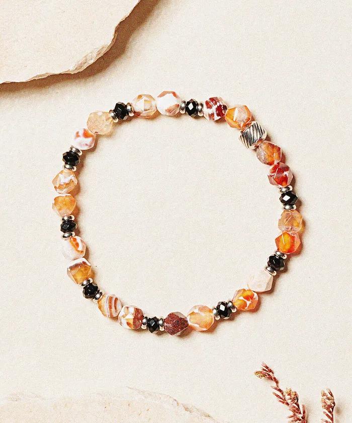 Black Rondelle Point 6mm Big Cut Orange Agate Gemstone Bracelet (C2503AC1339_OR)