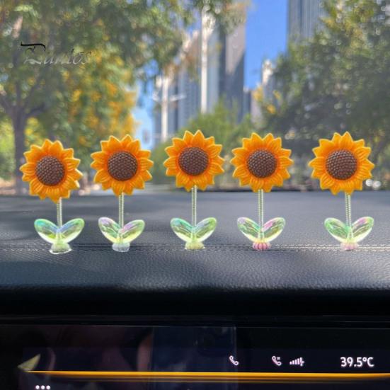 Non Residual Adhesive Ornaments 5Pcs Wobble Sunflower Car Dashboard Decor, Resin Spring Flower Ornament Interior Decoration Flowers with Slip