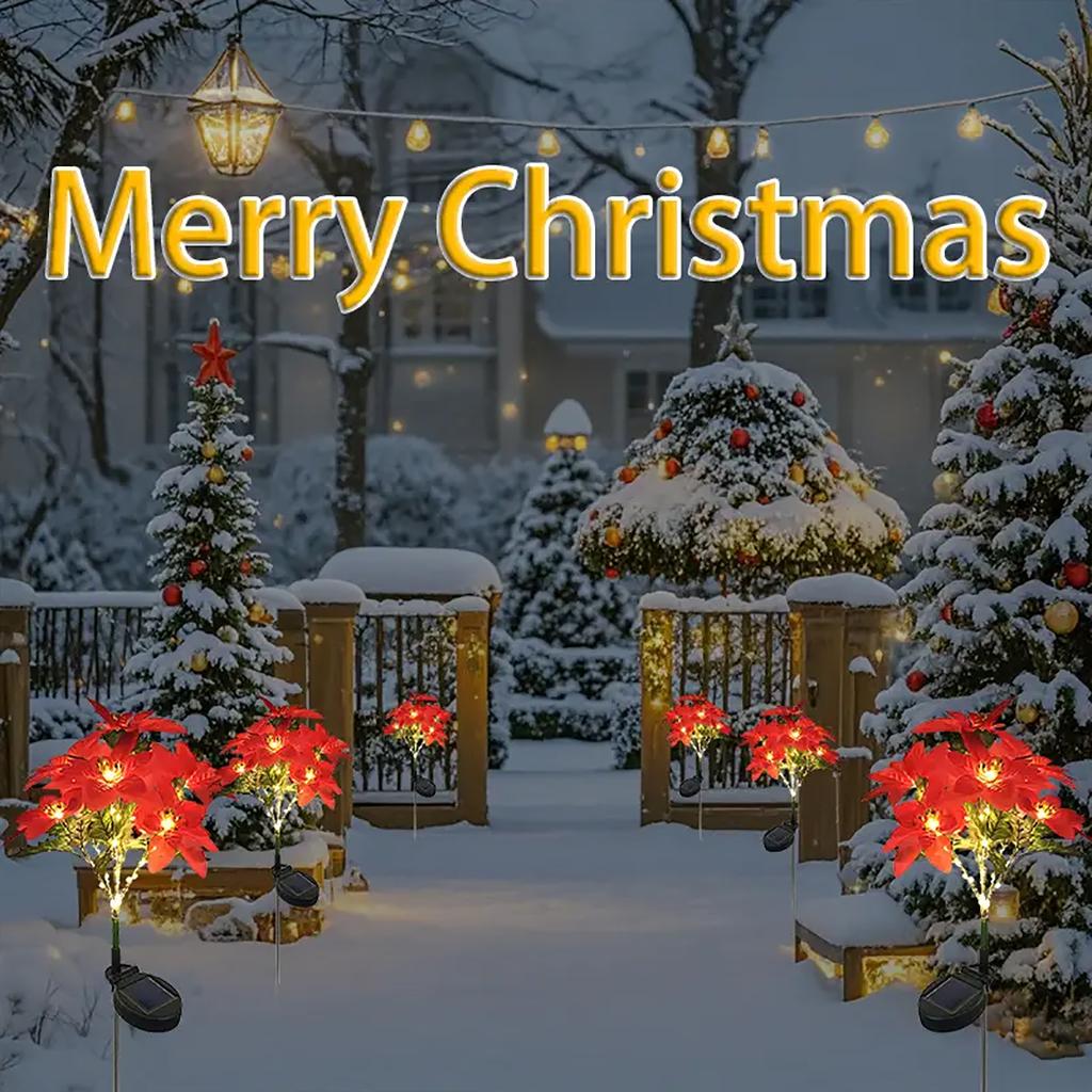 LED Solar Christmas Flower Poinsettia Artificial Flower Light, Suitable for Decorating Christmas Gardens, Lawns, and Courtyards