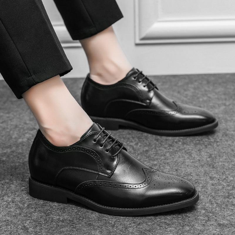 New heightening soft sole Brock engraved business casual leather shoes men's formal wear pointed gentleman single shoes youth trend