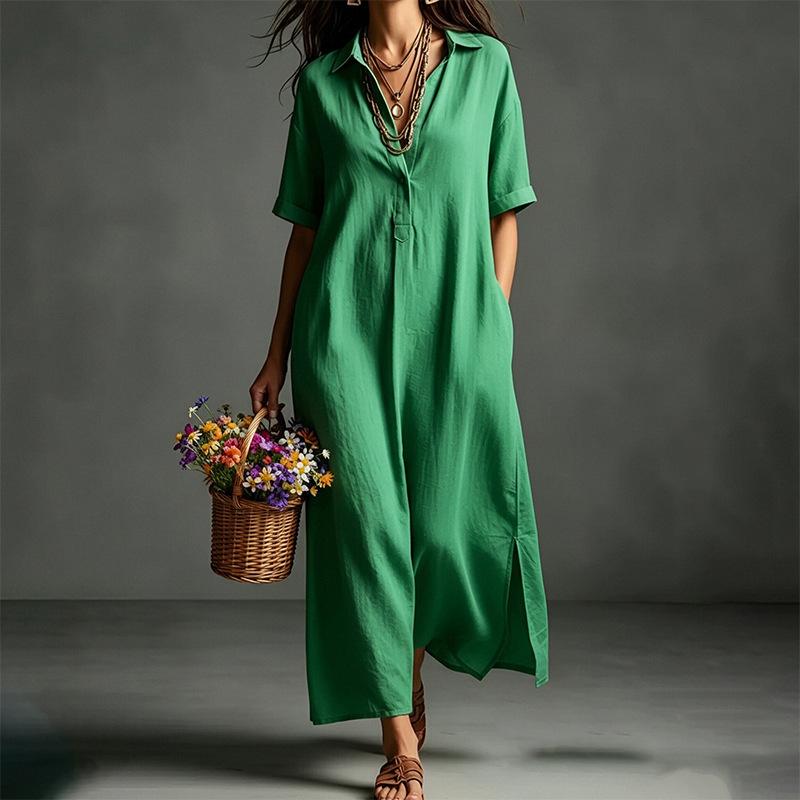 Summer Casual Solid Color Short Sleeve A Line Maxi Dress