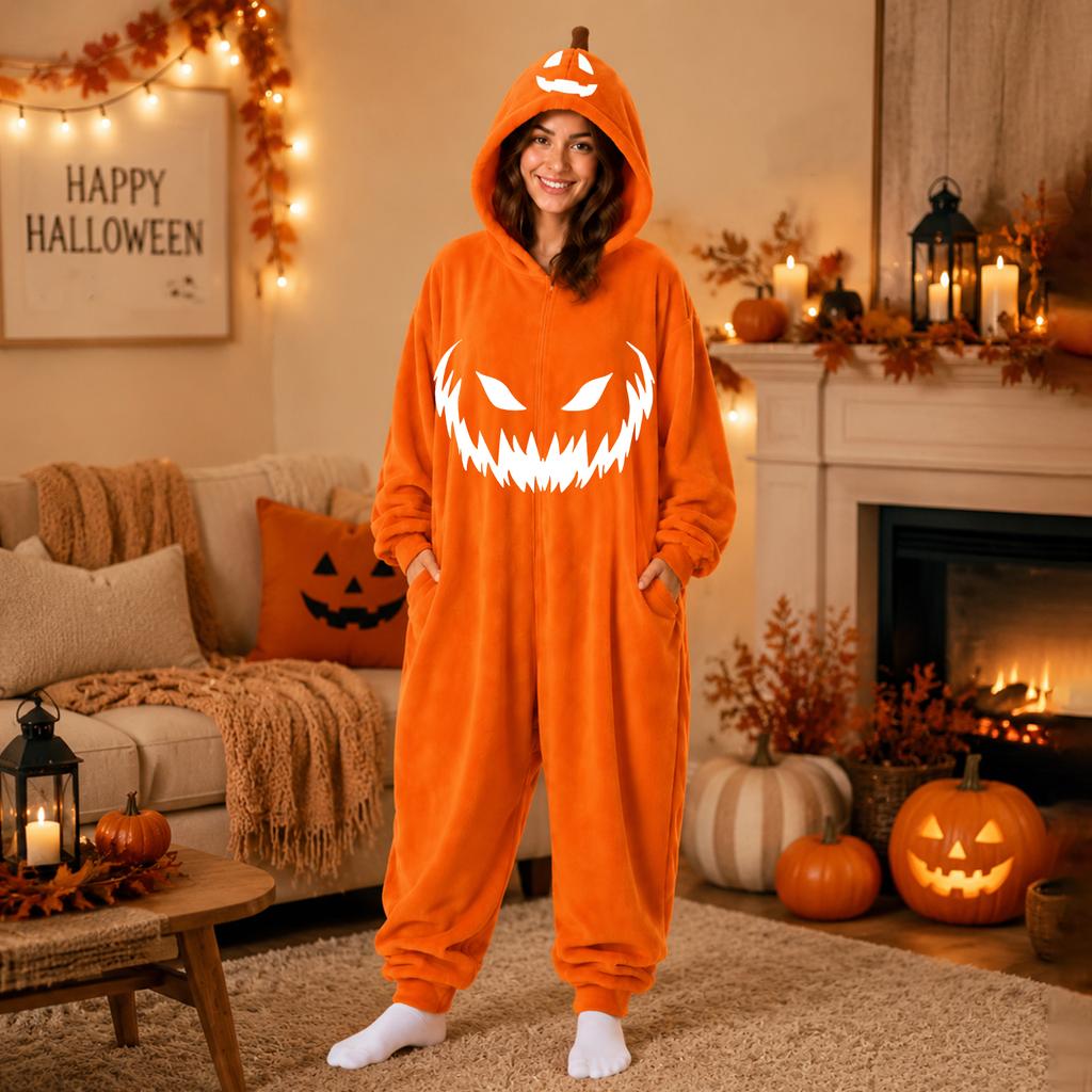 Women's Flannel Pajama Jumpsuit with Halloween Print for Cozy Lounging