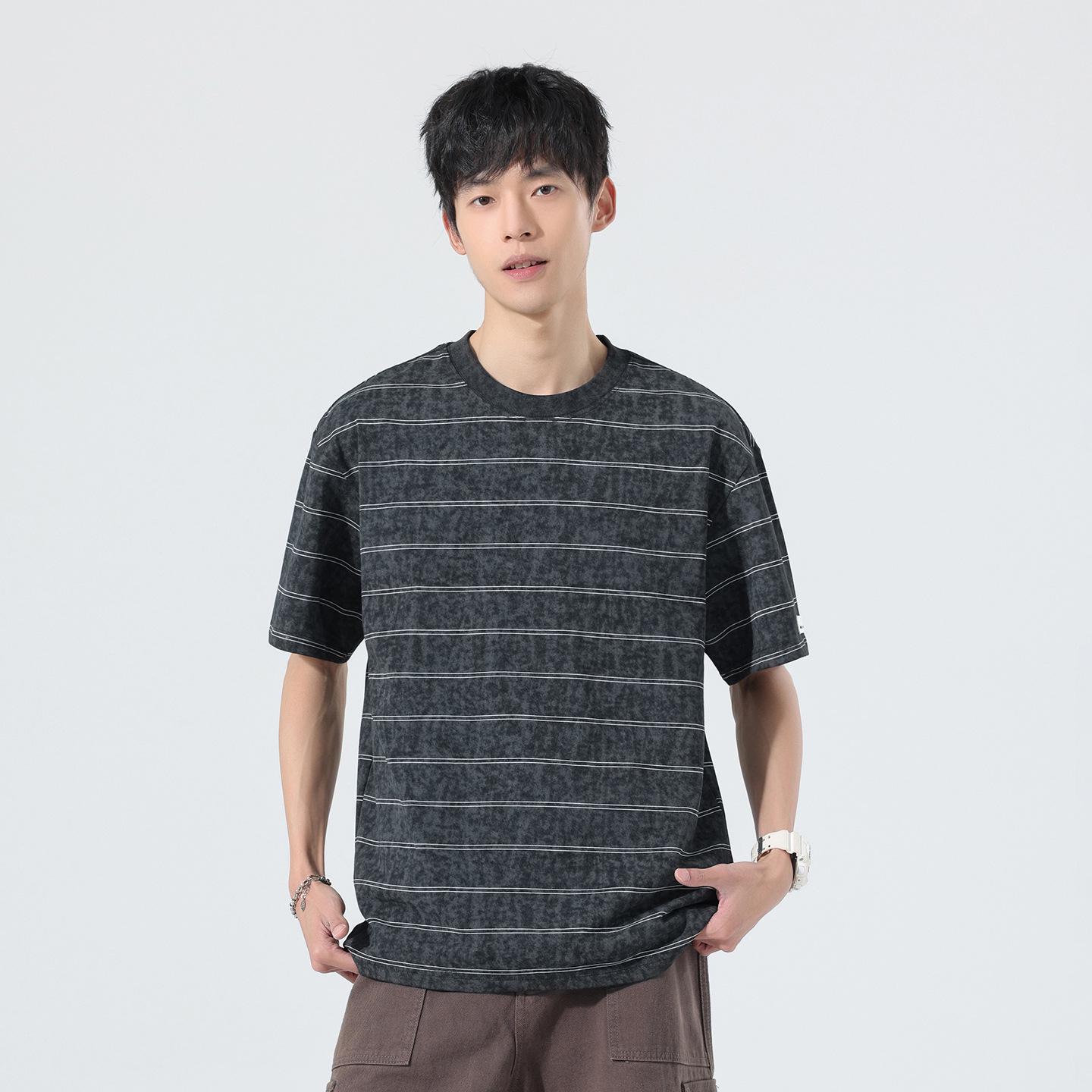 Pengyun Men s Heavyweight Tie-Dye Striped T-shirt - Trendy Loose Summer Top L