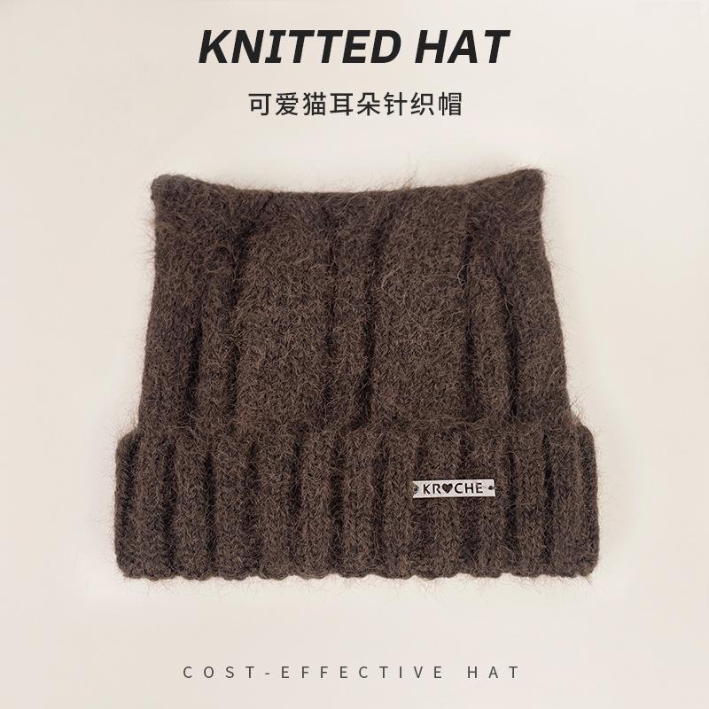 Cute Cat Ears Beanie Hat for Women Solid Color Warm Knit Cap Outdoor Ear Protection Pullover Cap Crochet Bonnet