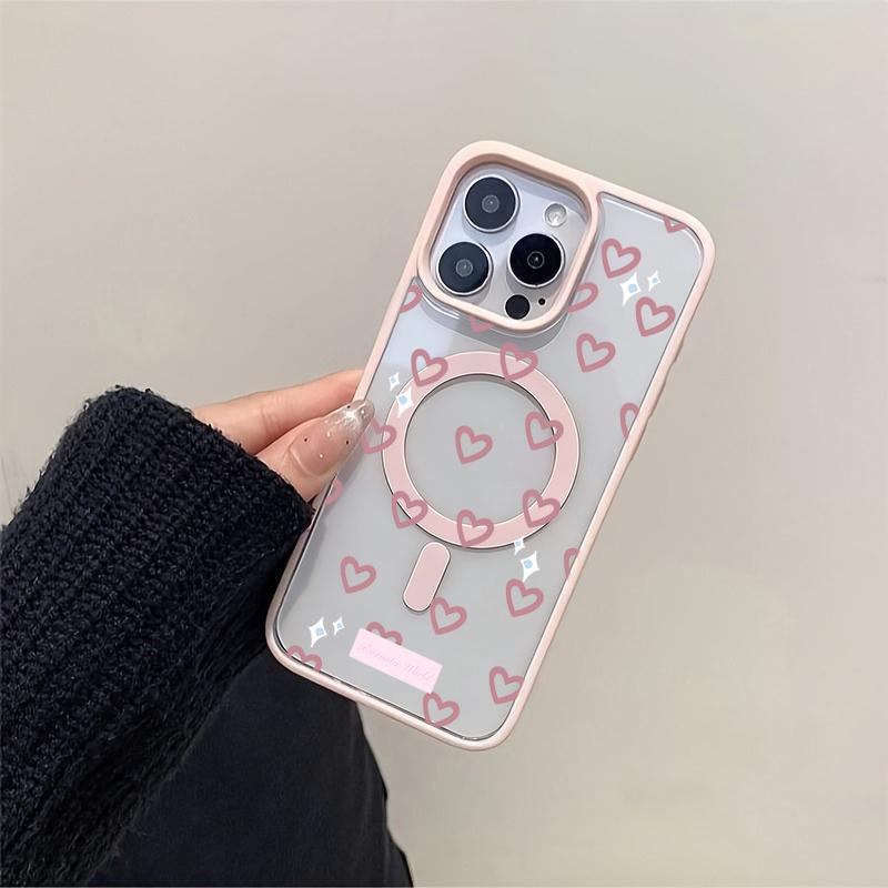 Pink Heart-Shaped Love Pattern Magnetic Transparent Phone Case For iPhone 17 Air 16 15 14 13 12 Pro Max 11 16E 17E 16 Plus Cover