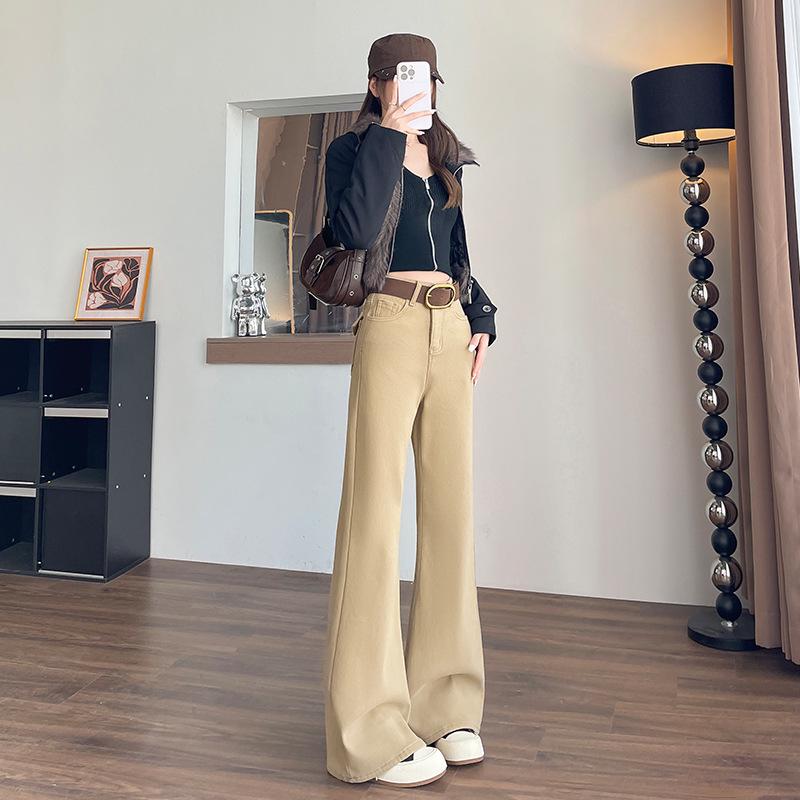 Women's Khaki Velvet Flare Jeans: Autumn/Winter Loose Fit, Slim, Wide-Leg Pants