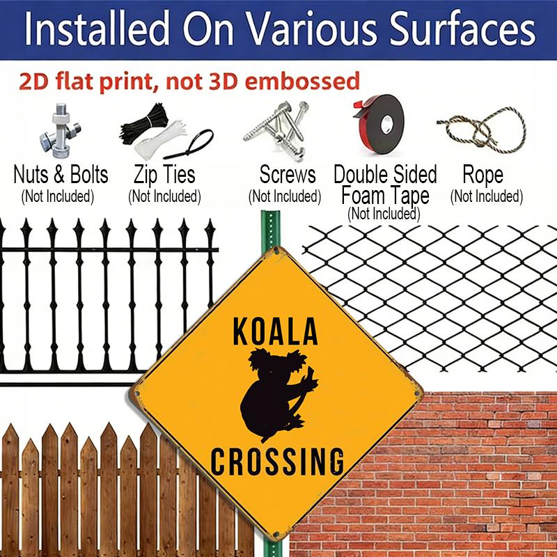 2D Flat 1pc, Vintage Koala Crossing Sign - Funny Warning Road Sign with Koala Crossing Xing Markings, Yellow Diamond Metal Caution Sign for