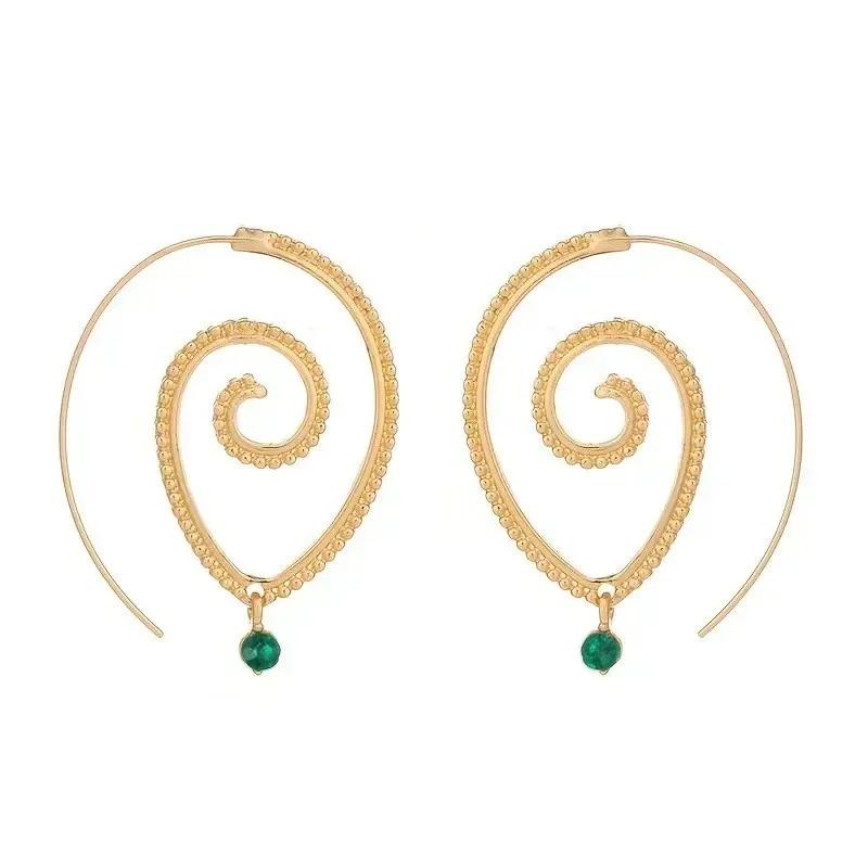 

Big Spiral Shaped Dangle Earrings with Green CZ Charm Novel Design New for Women Hip Hop Girls Statement Zircon