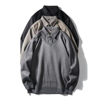 Fake Two-Piece Shirt Collar Sweater Men's Winter Velvet Padded Thickened Sweater Export Men's Warm Leisure Knitwear Coat