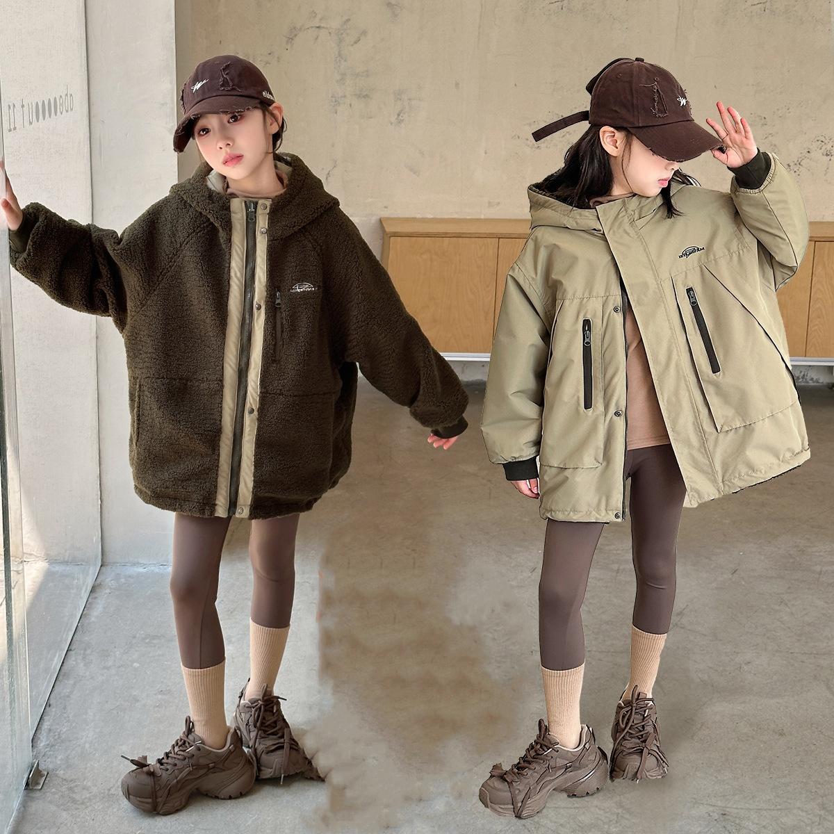 

Двусторонняя одежда для мальчиков и девочек Куртки из флиса Детские зимние куртки Куртки 110 хаки