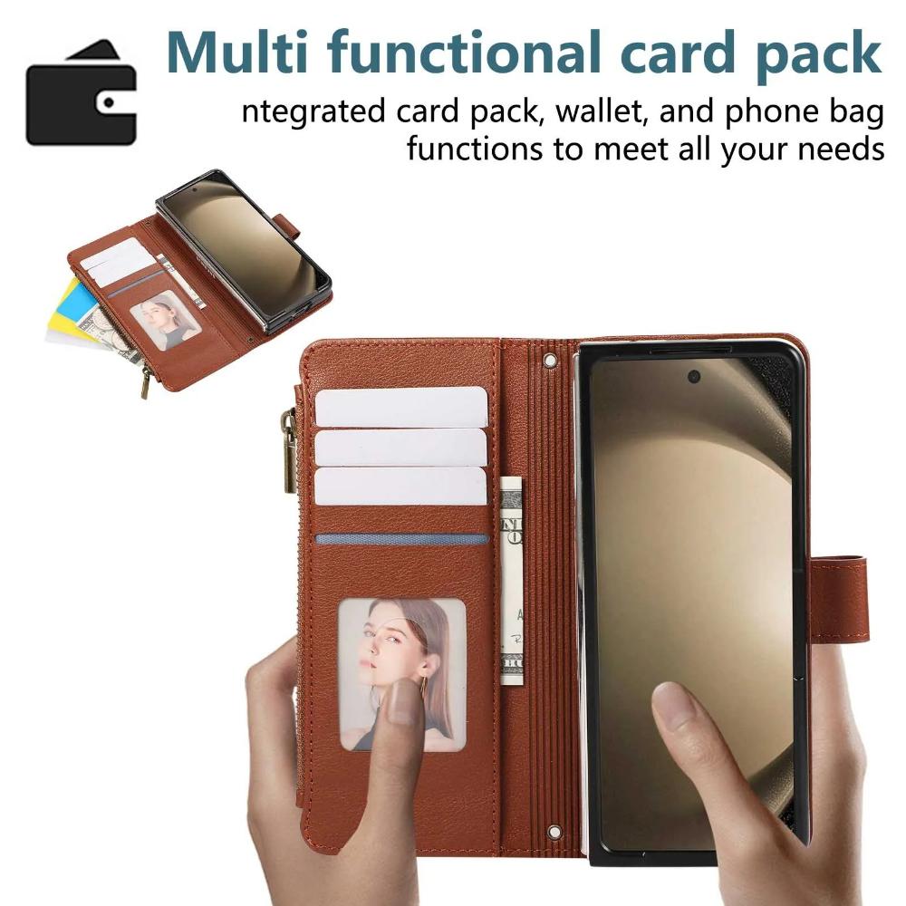 Lanyard+long Strap Crossbody Phone Case for Samsung Galaxy Z Fold 7 Fold6 5 4 3 Zipper&buckle Leather Card Holder Wallet Cover