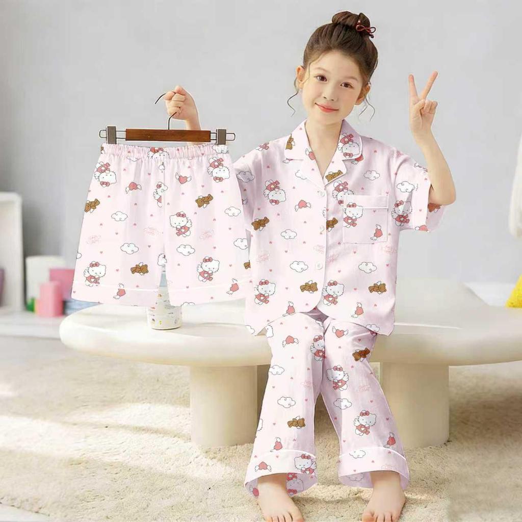 Children's Cloud Cotton Pajama Set: Short Sleeve, Shorts, and Long Pants for Summer.