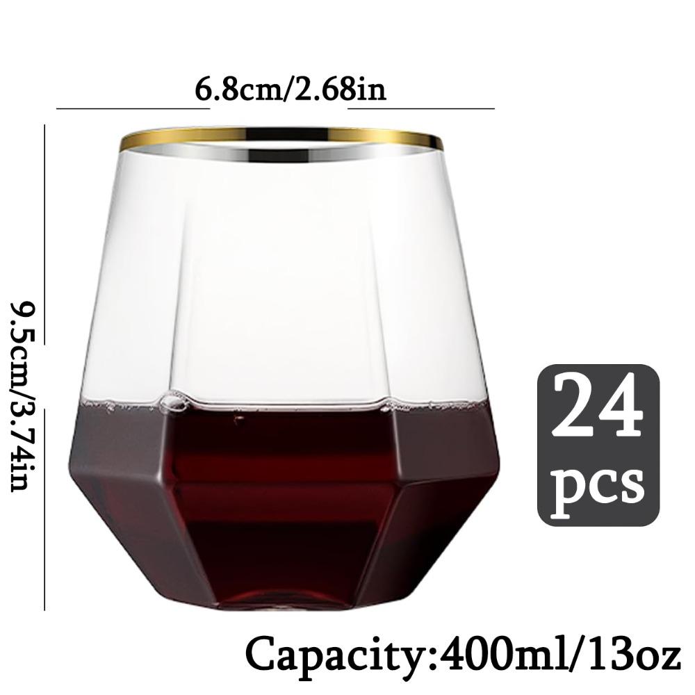 

24pcs Plastic Stemless Wine Cocktail Whiskey Champagne Glasses Gold Rim Disposable Clear Unbreakable Cups for Party Bars Wedding Tasting 24pcs